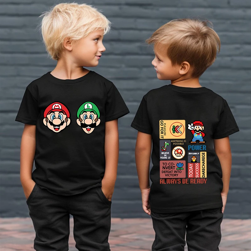 Mario children's clothing kids T-shirt black cotton short-sleeved cartoon top for boys