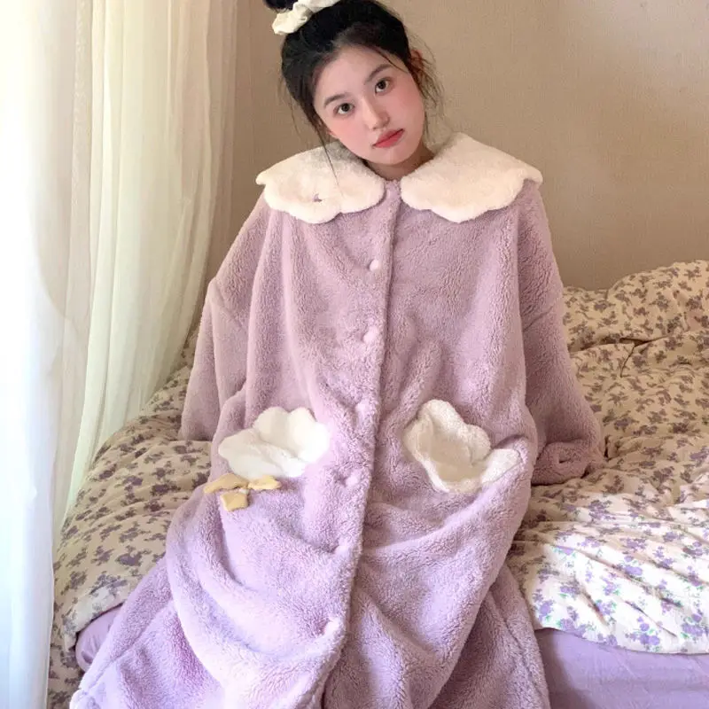 

autumn winter Women's pajamas cute thicken coral fleece sweet Comfortable Sleepwear robe long style Pajama nightdress homewear