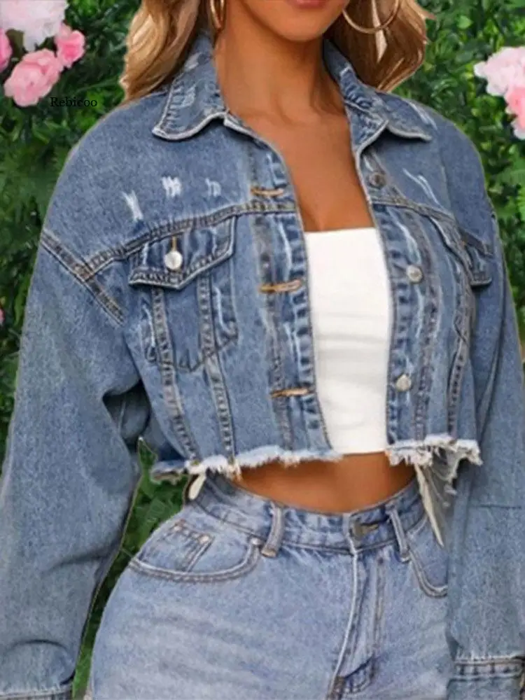 

Autumn Women's Denim Cropped Jacket Female Pockets Hole Short Jean Jackets Ladies 2022 New Fashion Button Casual Solid Coats