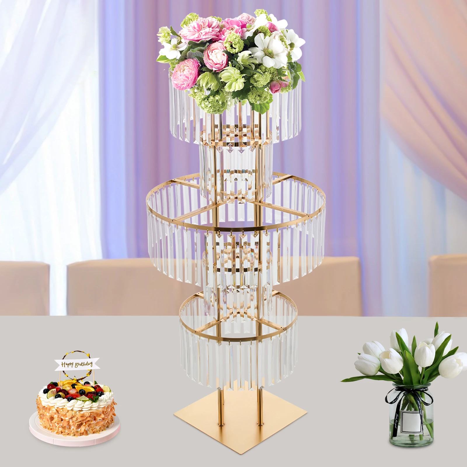 

Gold Crystal Wedding Flower Stand with Acrylic Frame and Iron Base for Luxurious Event and Party Decor