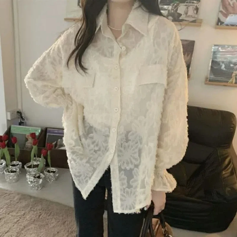 Korean Polo Neck Puff Sleeve Loose Casual Shirt Summer Loose Thin Long Sleeve Protection Shirt Fashion Elegant Women Clothing