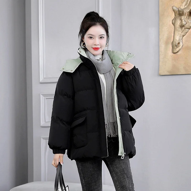 

Winter Down Cotton Padded Jacket Women's Casual Loose Preppy Hooded Short Coat Thickened Parkas Outerwear Trendy Student Coats