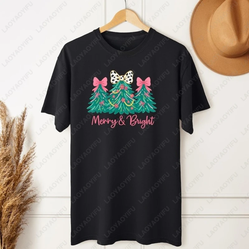Merry Bright Coquette Christmas Tree Cotton Tshirt Pink Bow Xmas Tree Men Women Tops Vintage Fashion Summer Cute Harajuku Tees