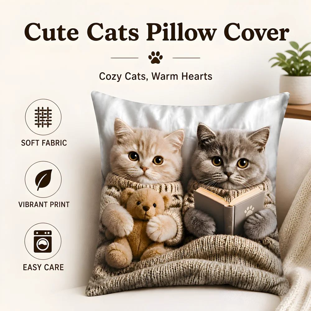 Cute Cat Cushion Cover Polyester Double‑Side Printed Kitten Reading Book Pattern Throw Pillow Case Home Sofa Bedroom Decor