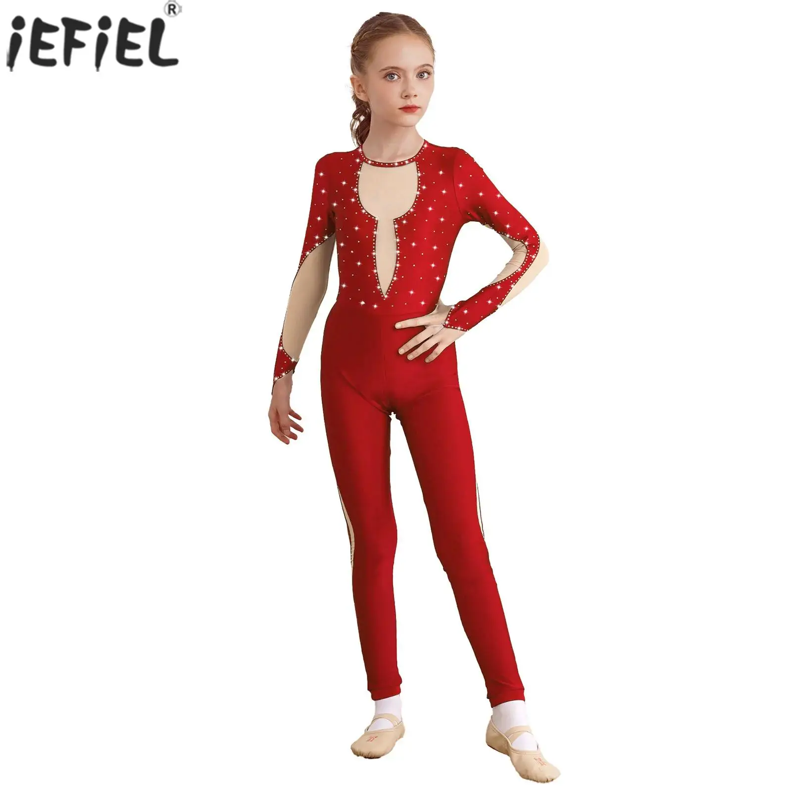 Kids Girls Shiny Rhinestone Gymnastics Leotard Unitard Ballet Dance Bodysuit Long Sleeve Figure Skating Performance Dancewear