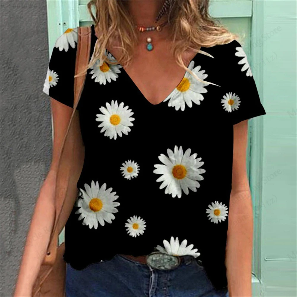 

Women's Top Flower Pattern Printed T-Shirt Summer V-Neck Short Sleeve Elegant Clothing Comfortable Women's Clothing T-Shirt