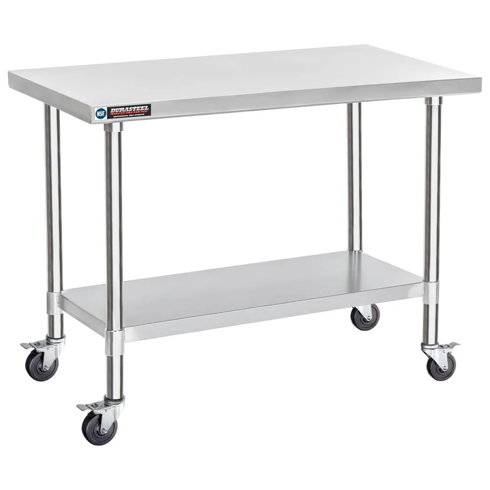 Mesa de acero inoxidable Food Prep - Carro de mesa de metal de 24 x 48 pulgadas - Banco de trabajo comercial con ruedas - Certificación NSF Plata