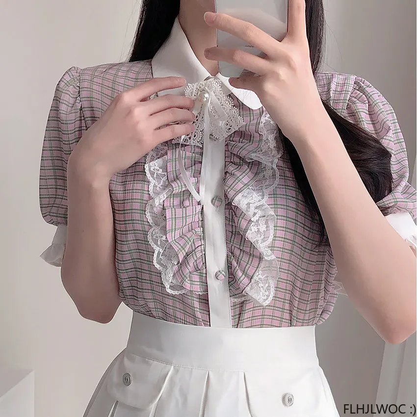 Thin Ribbon Bow Tie Cute Tops Preppy Style Vintage Japan Korea Elegant Office Lady Formal White Lace Ruffles Plaid Shirt Blouses