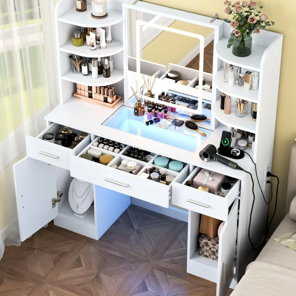 

Vanity Desk with Lighted Mirror & Power Outlet, Makeup Vanity Table with 3 Drawers, 6 Shelves & 2 Cabinets, Tempered