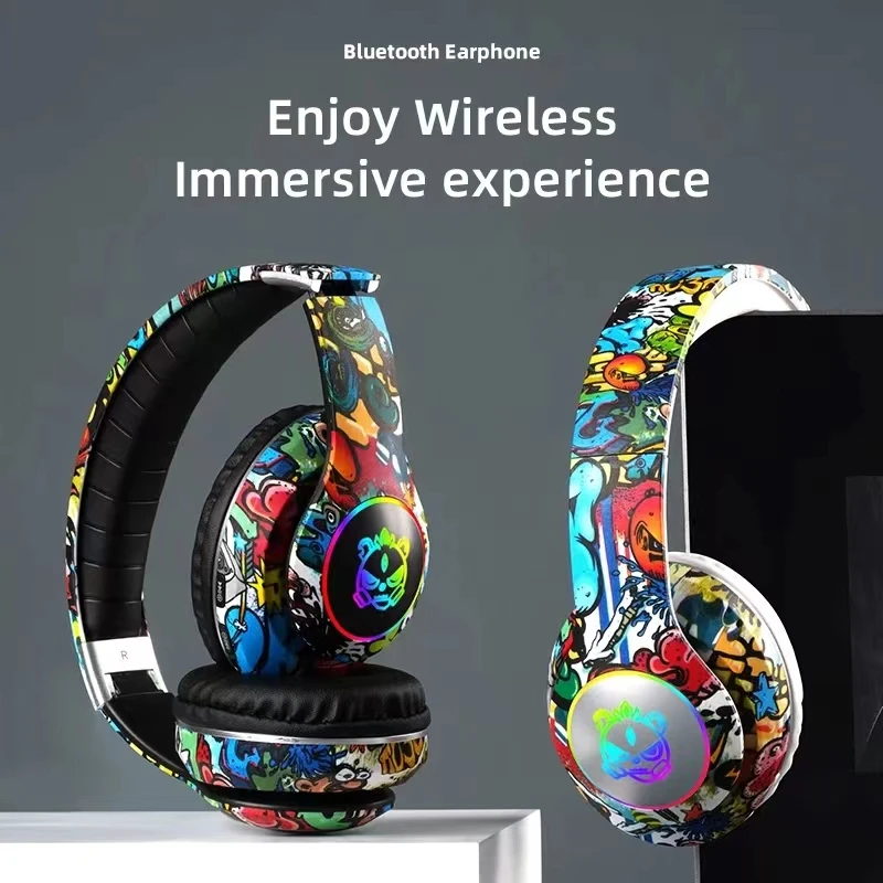 Presentes de natal sem fio bluetooth fones de ouvido graffiti design em microfone redução ruído fone alta fidelidade graves profundos