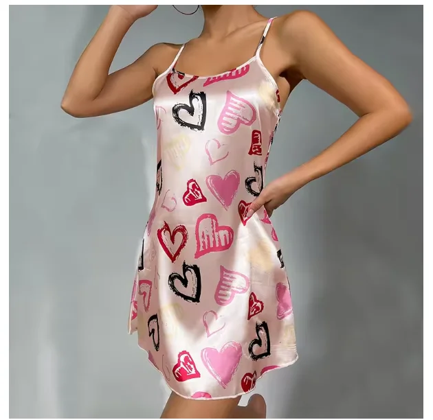 Ladies Sexy Sling Nightgown Nightdress Women\'s Sexy Lingerie Silk Satin Sleepwear Floral Pinting Nightwear Homewear Mini Dress