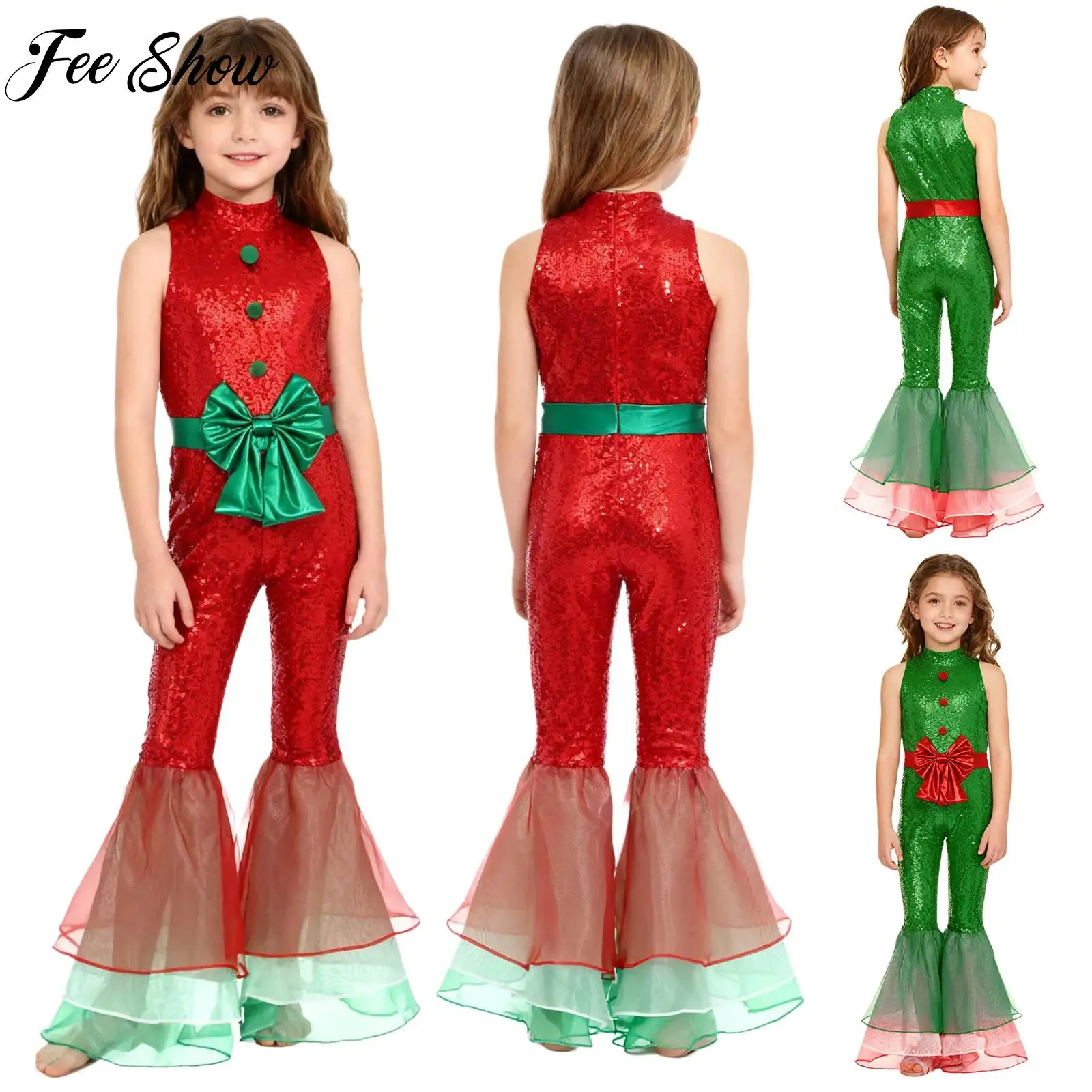 جديد بنات سباركلي الترتر Bowknot عيد الميلاد مهرجان زي أكمام Pompom المتدرج متوهج الساقين عطلة عيد ميلاد بذلة #1