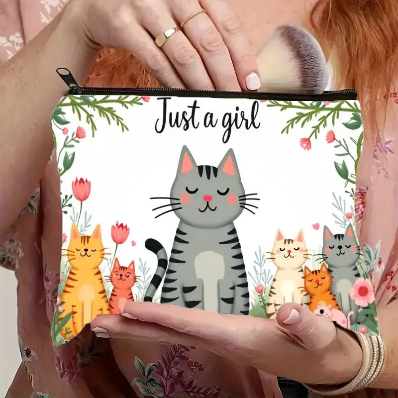 2D Flat Cute Cartoon Cat & Kittens Print Cosmetic Bag with Zipper Closure & 'Just A Girl' Text - Charming Floral Border Design