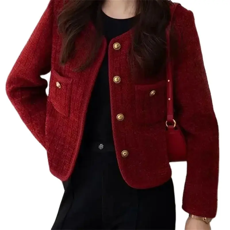 Women\'s Jacket 2024 Spring Autumn New Red Tweed Small Fragrance Coat Short Blazers Korean Fashion Elegant Female Tops Outerwear