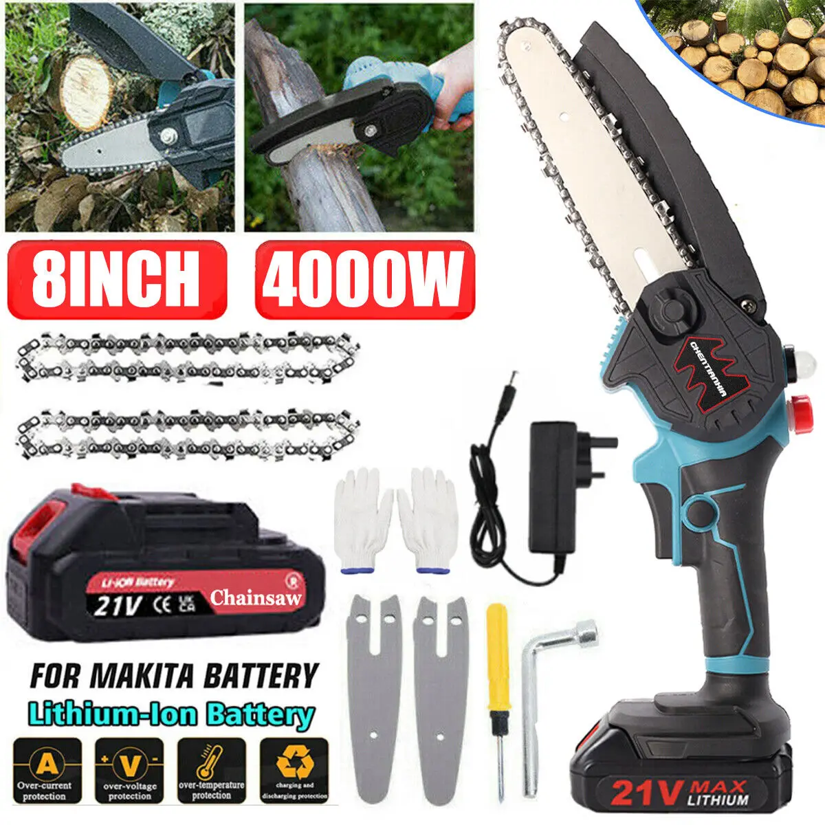 8 Inch 4000 Watt Mini Cordless Chainsaw Electric Single Hand Saw Wood Cutter with 1 Battery Rechargeable Lightweight