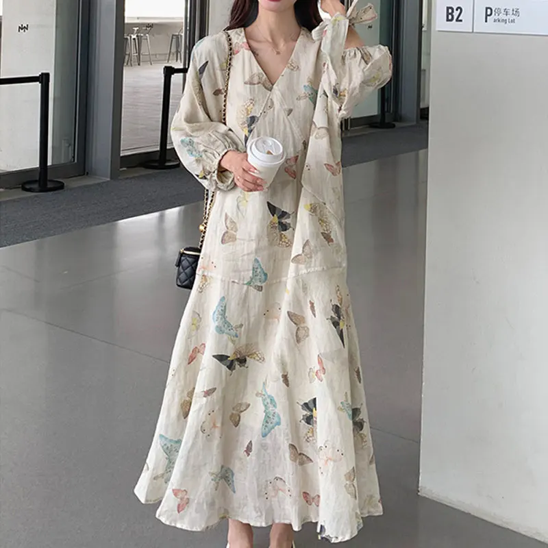 Elegant V-Neck Printed Dresses French Style 2024 Spring Summer Loose A-Line 3/4 Sleeve Women's Clothing Stylish Folds Long Dress