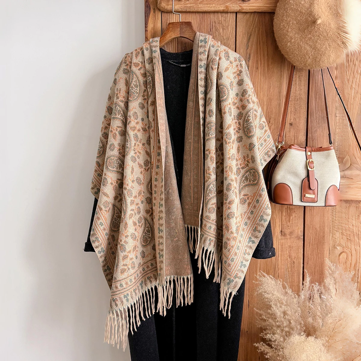 

Brand Fashion Women's Winter Warm Cashmere Shawl - Vintage Floral Printed Tasseled Oil Painting Style Pashmina Thick Scarf