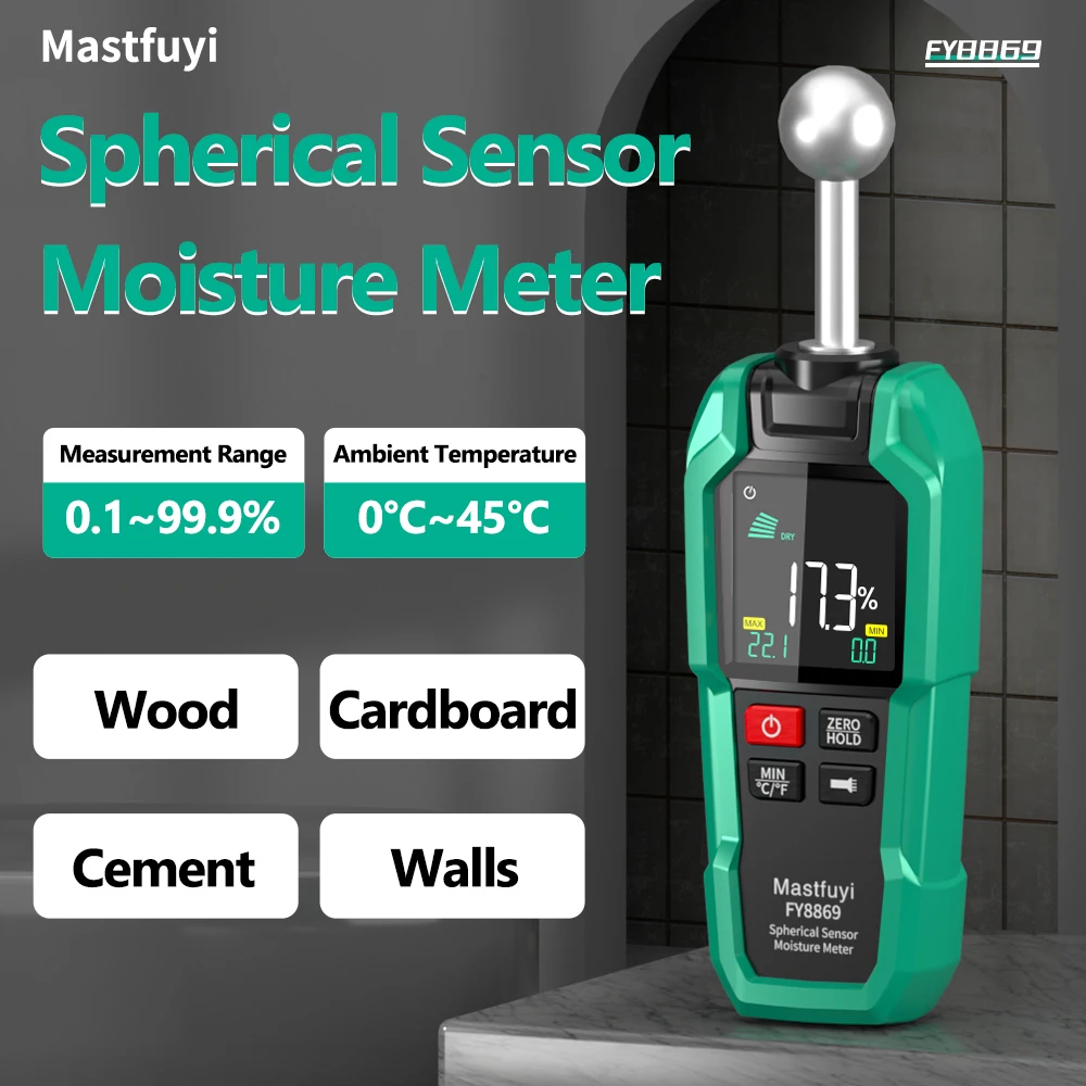 MASTFUYI 구형 센서 습도계 디지털 습도계 비파괴 이중 알람 홀드 기능 포함 목재 시멘트 벽용