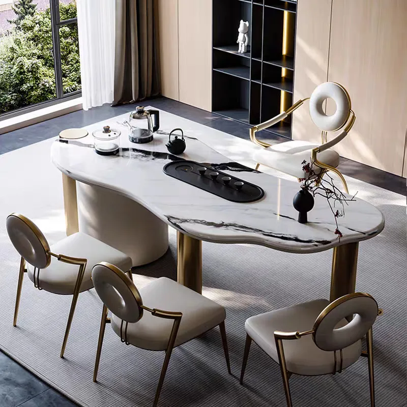 

Villa Living Room Balcony Wet Tea Table Office Light Luxury Panda White Super Crystal Stone Tea Table Chair Combination