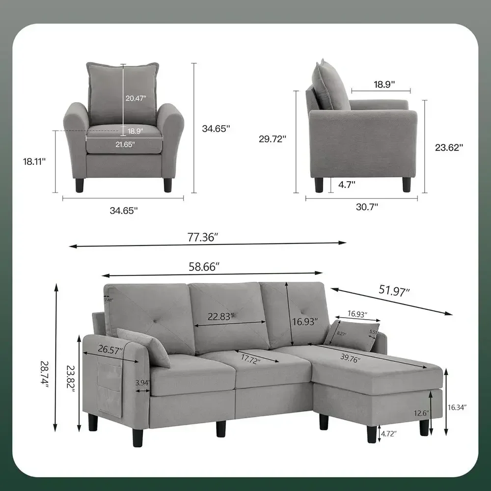77 Convertible Sofa, 35 Accent Chair, 3-Seat L-Shaped Couch with Storage Ottoman, Light Grey Living Room Furniture Set