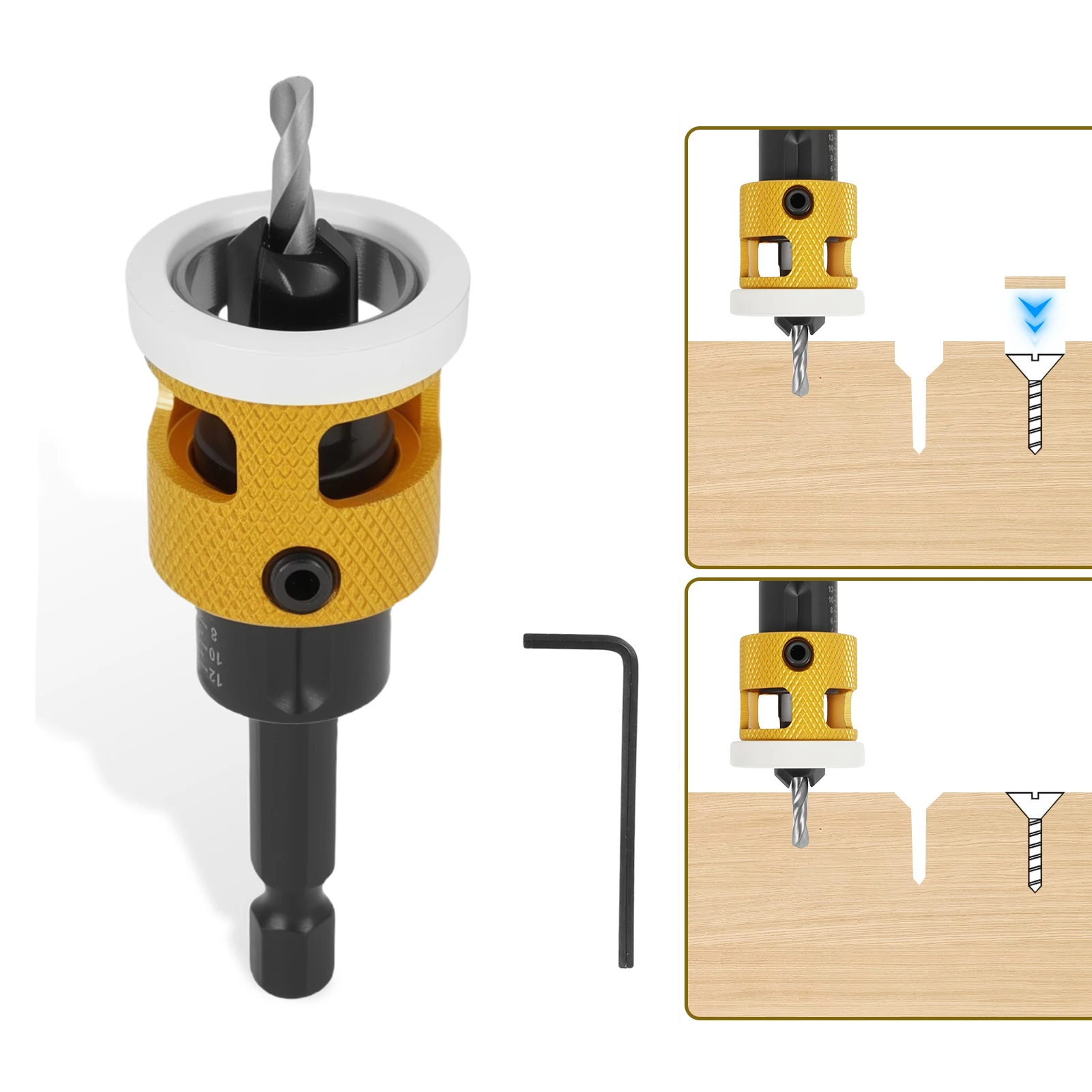 

Carbide Tipped Countersink Drill Bit Adjustable Drill Bit Depth Stop 1/4" Shank Wood Countersink Bit with Wrench for Woodworking