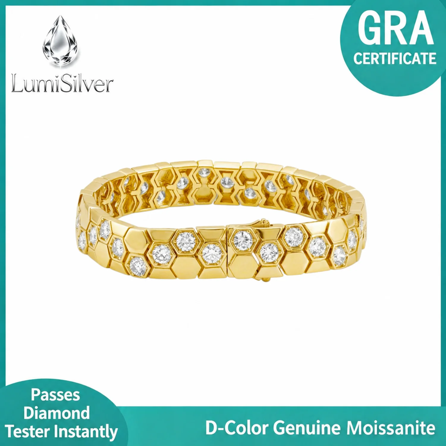 S925 Sterling Silver Hexagonal Link Bracelet Inlaid D Color Moissanite Luxury Chain Bangle Fine Jewelry for Women