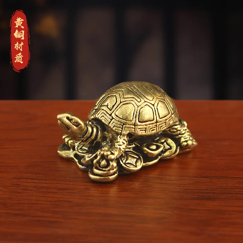Pure brass figurine, longevity turtle with gold coins, creative Chinese-style desktop, office, and living room decoration