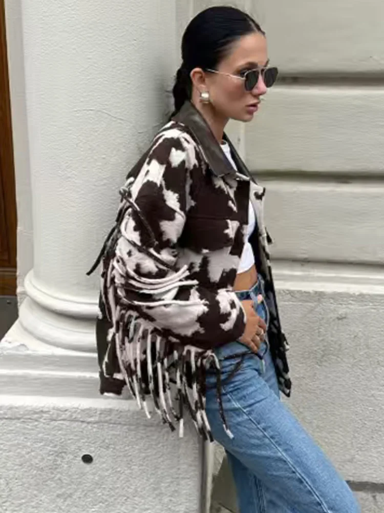 HH Woman Autumn Long Sleeves Single-breasted Pocket Decoration Turn-down Collar Short Coat Women Casual Printed Tassels Jacket