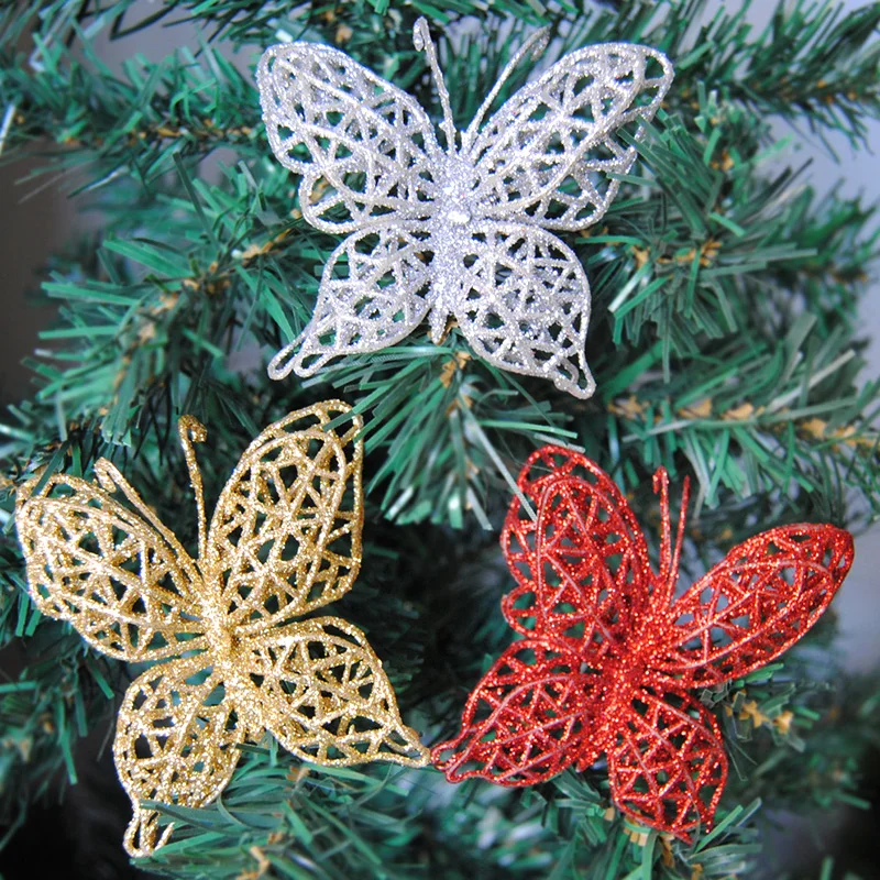 1PC Christmas Butterfly Gold Powder Glitter Artificial Hollow Out Butterflies Xmas Tree Ornaments Wedding Party New Year Decor