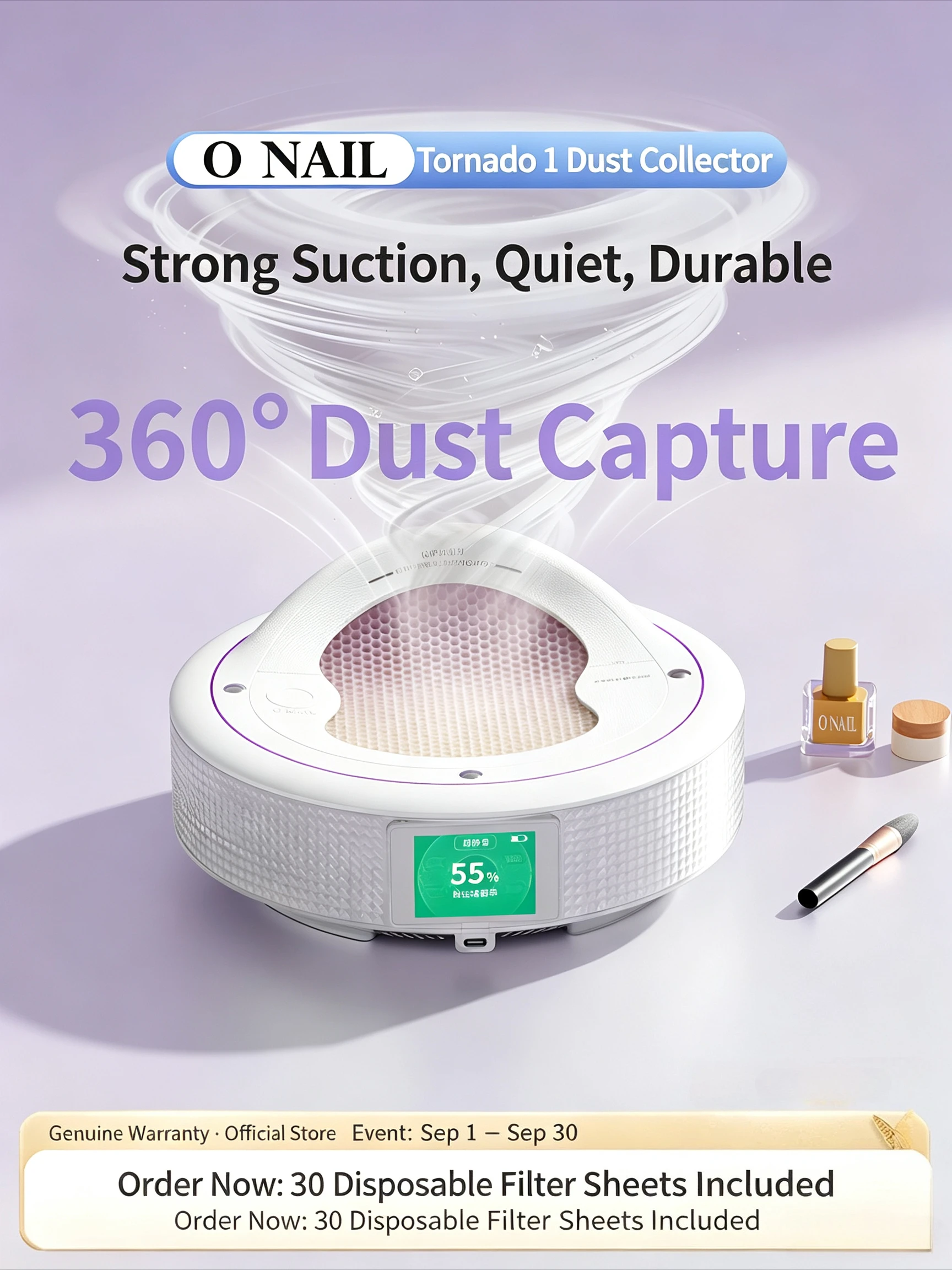 ONAIL Brushless Silent Manicure Vacuum Cleaner, Large Suction Turbine Nail Dust Collector, Three Layer Filter Rechargeable Nail