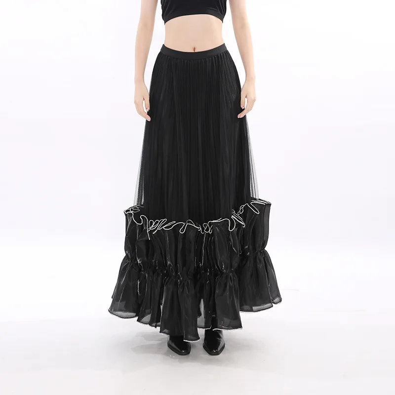 HKSH Spring Autumn New Women Skirt Elegant Casual Mesh Pleated Elastic Waisted Versatile Chic Sweet High-end Tide Skirts HK17859