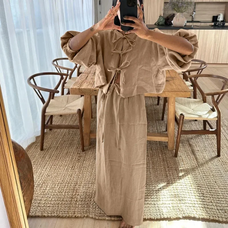 Summer Causal Linen Lace Up Maxi Skirt Set Women O Neck Vintage Long Lantern Sleeve Skirts Suits New Female Holiday Beach Outfit