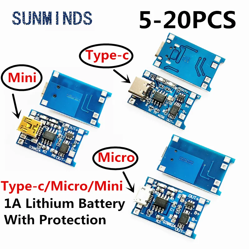 5-20pcs Type-c Micro Mini USB 5V 1A 18650 TP4056 Lithium Battery Charger Module Charging Board With Protection Dual Functions