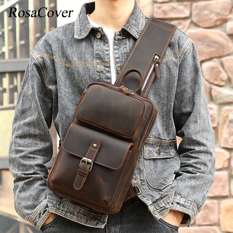 

Men's Top Layer Cowhide Genuine Leather Shoulder Bag Waterproof Crossbody Bag Travel Sling Messenger Pack Chest Bag for Male