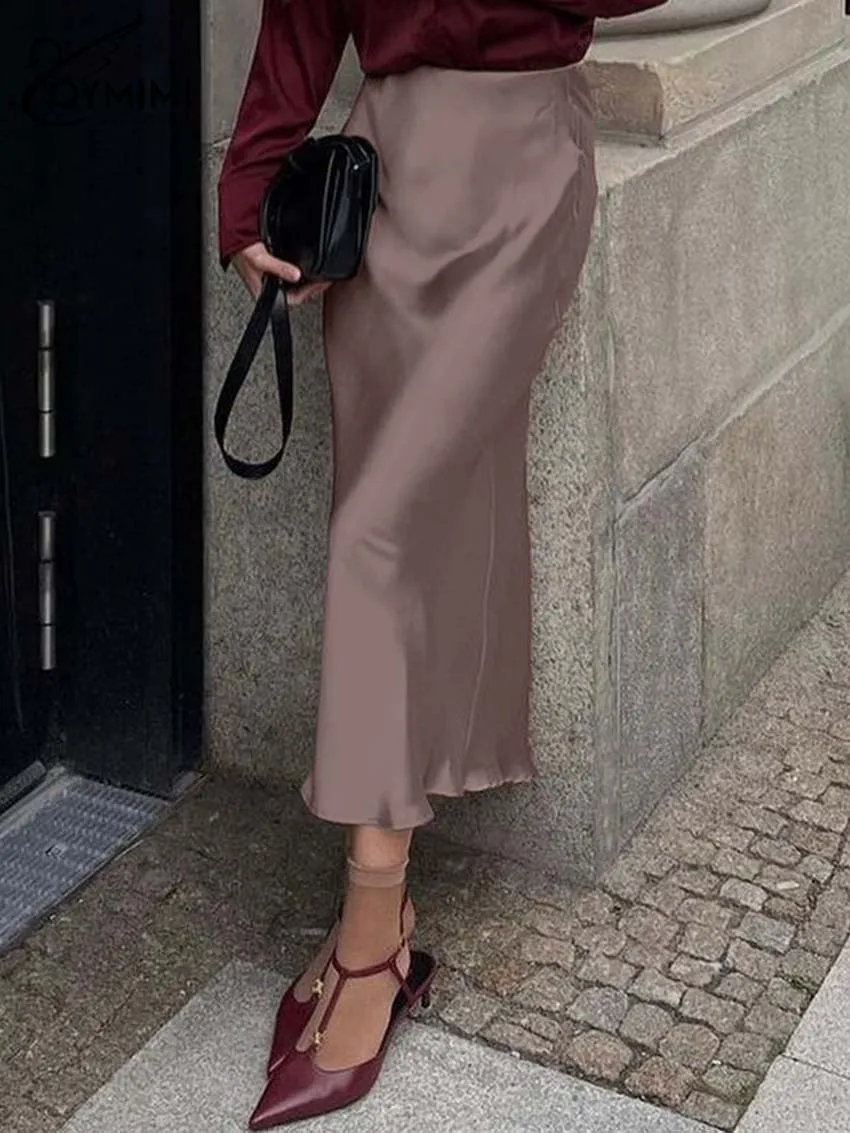 Oymimi Elegant Dark Pink Women's Skirt Casual High Waisted Straight Simple Skirts Fashion New Solid Mid-Calf Skirts Streetwear