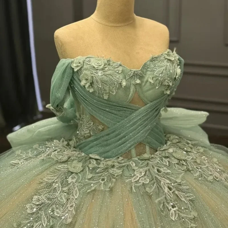 

Customized Shiny mint green Quinceanera Dresses Off the Shoulder crystal decal Lace Tull Bow Long tail Vestido 15 Quinceanera