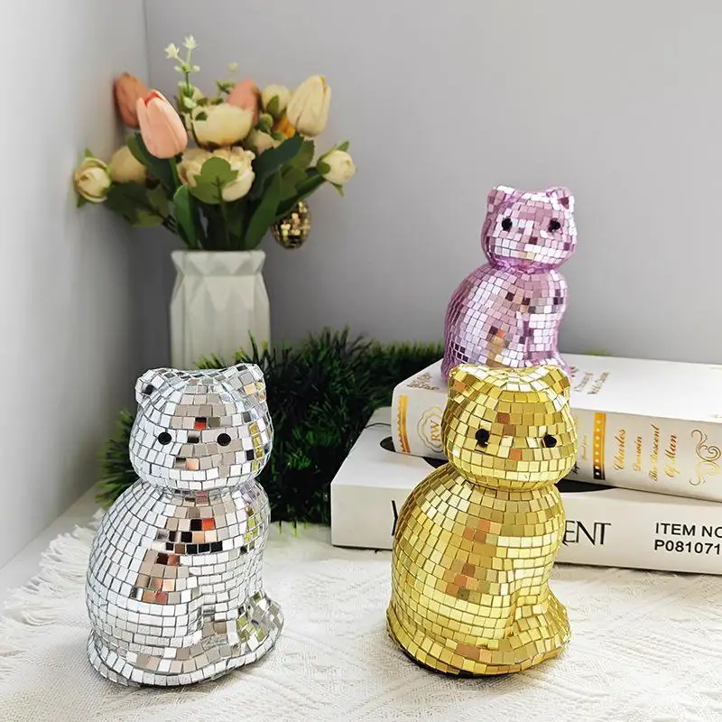 Niedliche Katzen-Discokugel-Skulptur, kreatives, funkelndes, spiegelndes Dekorationsobjekt für Zuhause, Partys, Neujahrsdekoration, Geschenk – Detail 1