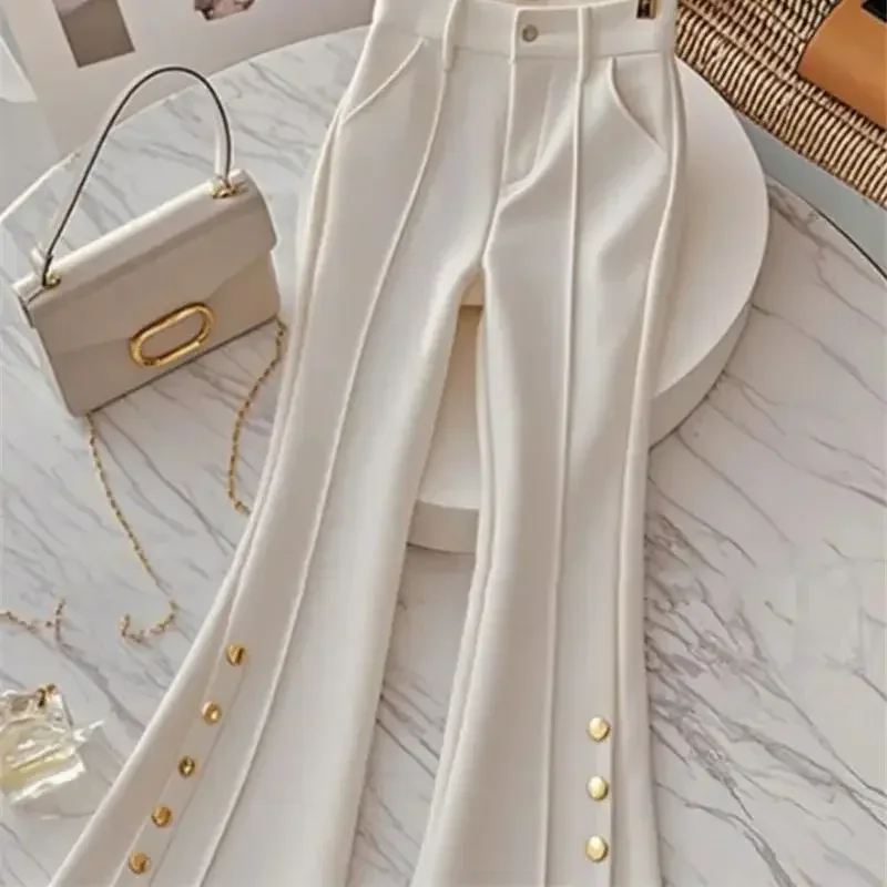 New Luxury Slim Women\'s Pants High End Fashion Design Buttons Elegant White Flare Trousers High Waist Office Lady Pants Clothing