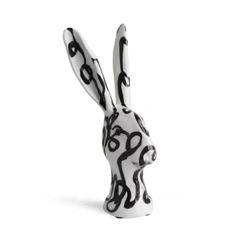 Resin Handicraft Artificial Animal Sculpture on The Way Black and White Rabbit Head Hand-painted Graffiti Decorative Figurines