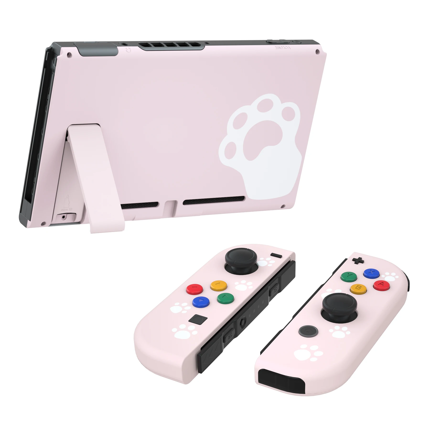 EXtremeRate Cherry Blossom Pink Cat Paw Soft Touch Grip Back Plate + Controller Shell dengan Tombol Set Lengkap untuk Nintendo Switch
