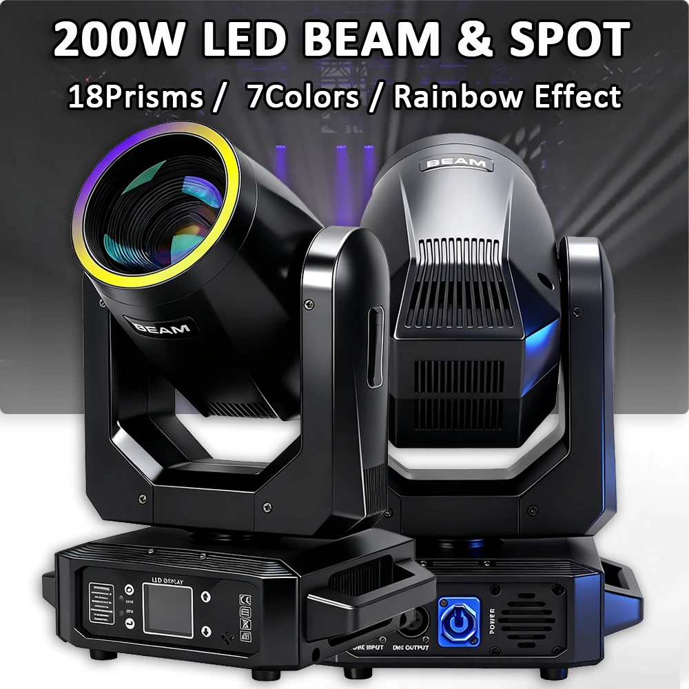 

200W LED Moving Head Light Beam Spot 18 Rotating Prisms Rainbow Effect Dmx512 Stage Light Effect Light Disco Dj Party Bar CLub