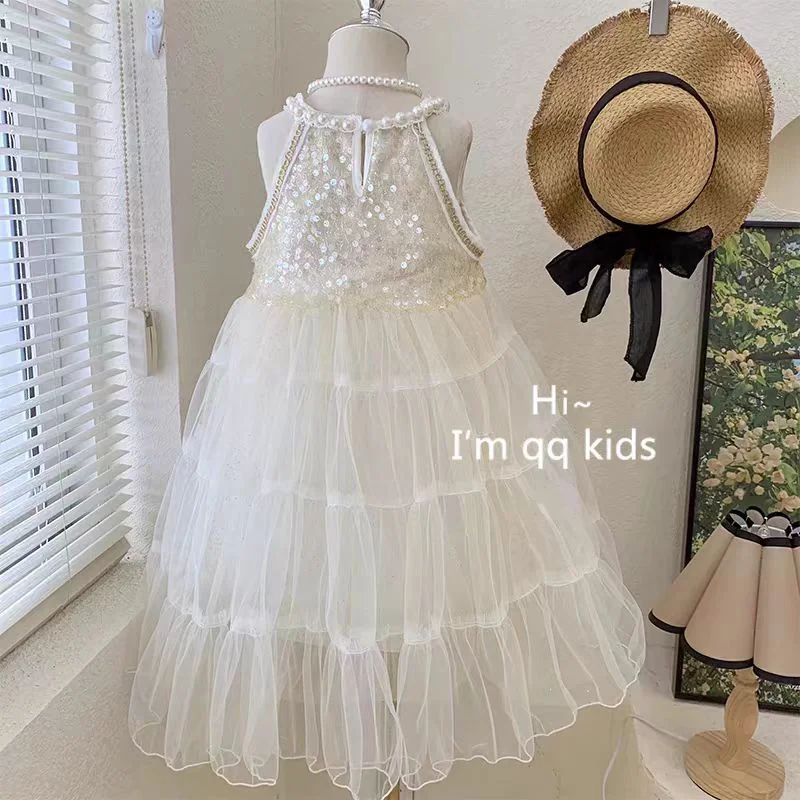 Children\'s cake dress summer girl elegant pearl vest Mesh yarn Princess Skirts Party Dresses formal occasions kids clothing