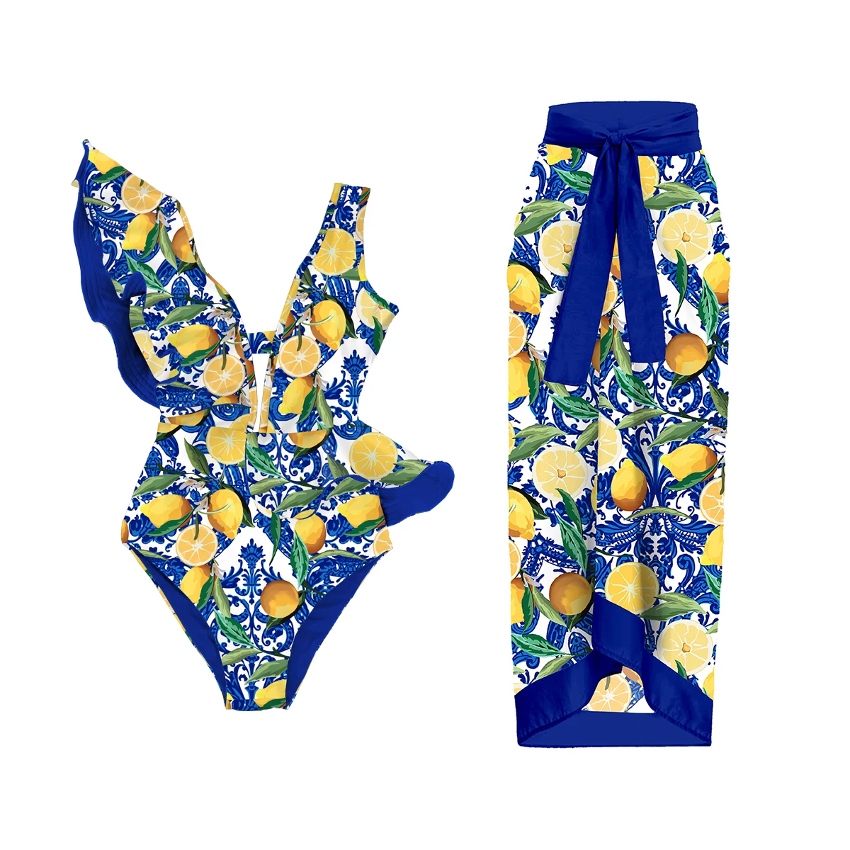 2025 2PC Ruffle One Piece Swimsuit with Cover Up Sexy Swimwear  Women Print Monokini Push Up Swim Suit Print Bathing Suit Beachw image 3