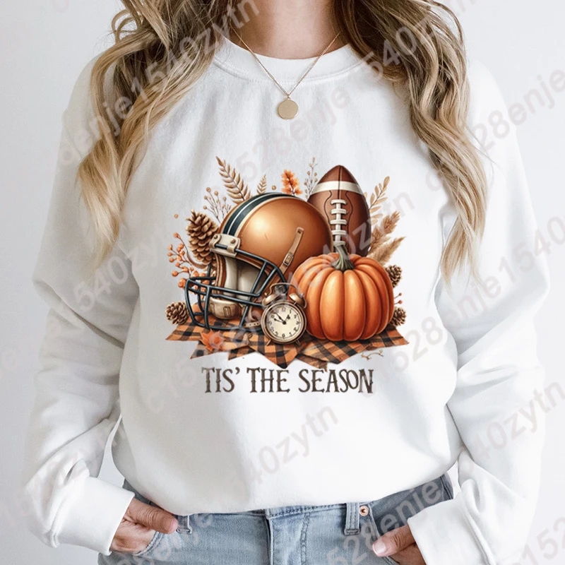 Fall Football Pumpkin Tis' The Season Print Sweatshirts Autumn Winter Long Sleeve Round Neck Pullovers Women Hoodless Sweatshirt