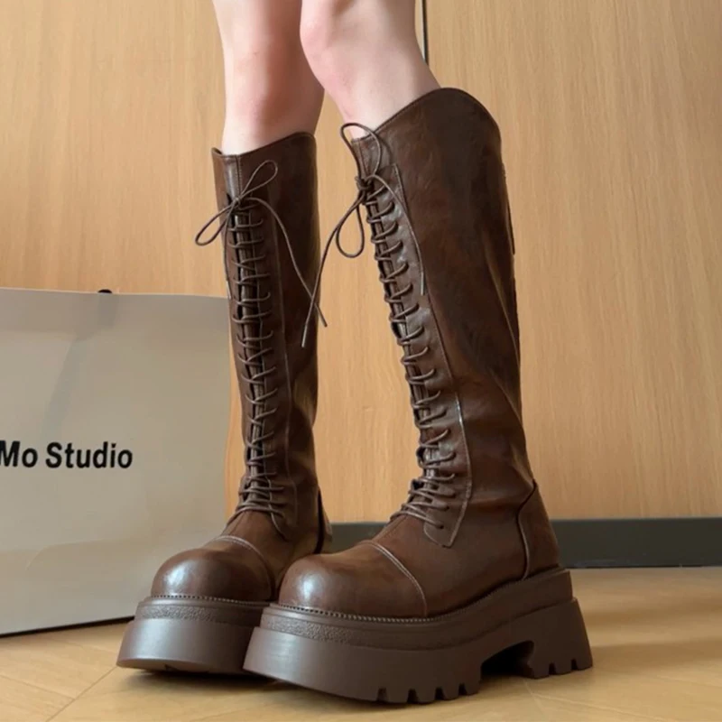 

Женские высокие сапоги на плоской подошве на платформе, модная женская обувь, зимние теплые сапоги до колена 2025 года, повседневная спортивная обувь на шнуровке, зимние Botas Mujer