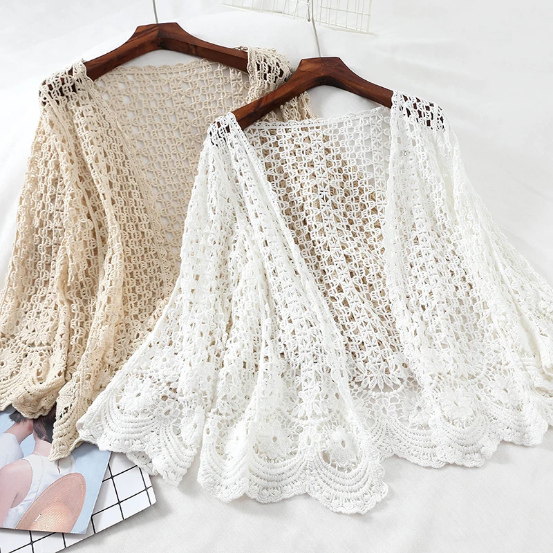 Open Lace Cardigan Crocheted Hollow Out Shrug Female Casual White Flower Floral Open Stitch Women Sweater Loose Knitted Outwear