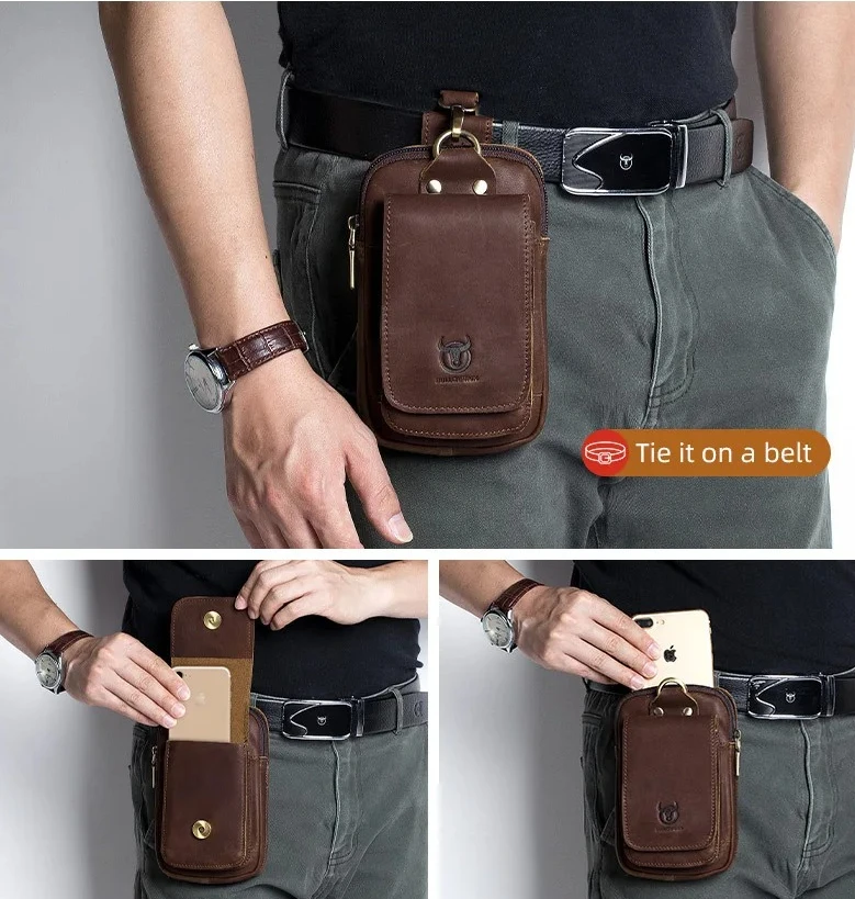 New Oil wax leather belt 5 inch mobile phone storage waist hanging wallet multi-function waist bag with cover magnetic buckle