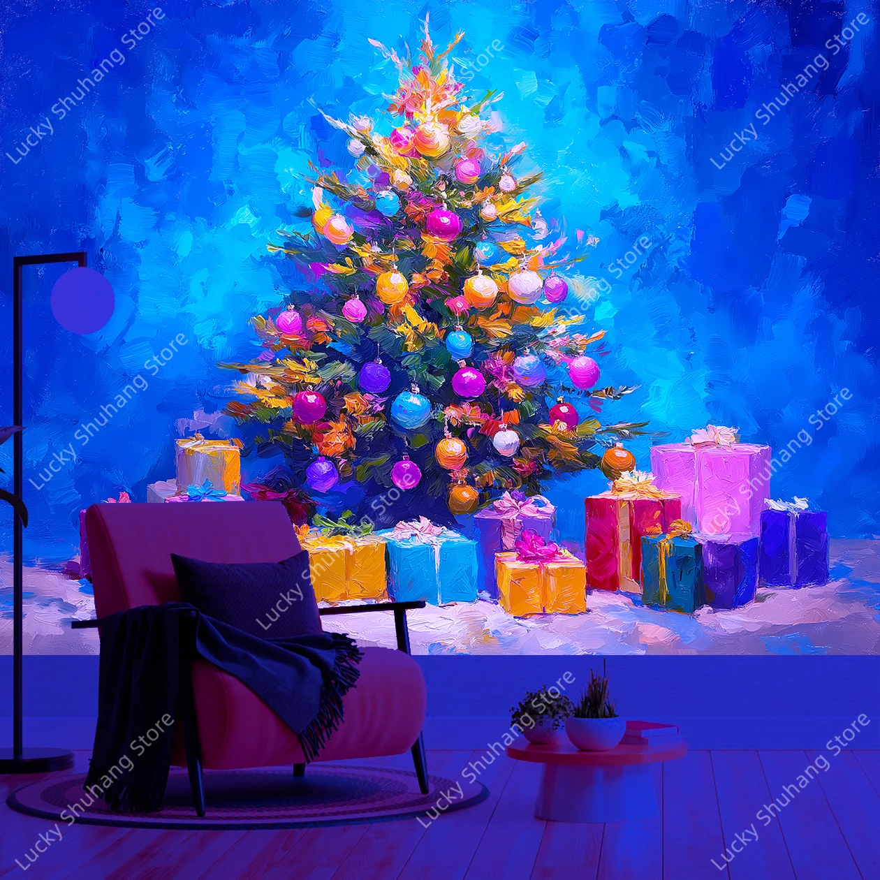 Vibrant Christmas Tree UV Tapestry with Multicolor Ornaments and Gift Boxes Festive Wall Hanging for Holiday Home Office Decor