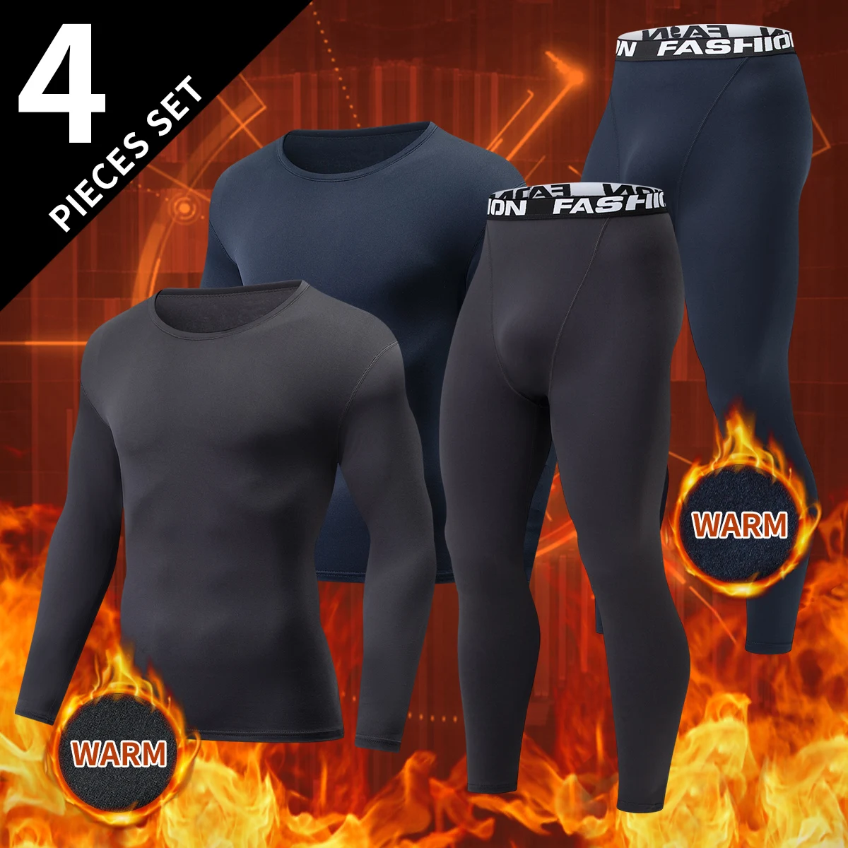 2/4-Pcs Autumn/Winter Men's Fashion Sports Solid Color Undercover Warm Underwear Set for Youth Running and Fitness T-shirt Pants