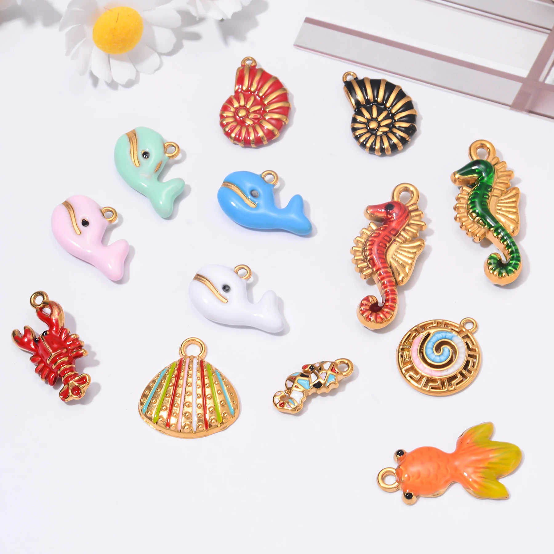 

10Pcs Wholesale Making DIY Ocean Series Jewelry Pendant Dolphin Fish Conch Seahorse Shrimp Stainless Steel Enamel Accessories
